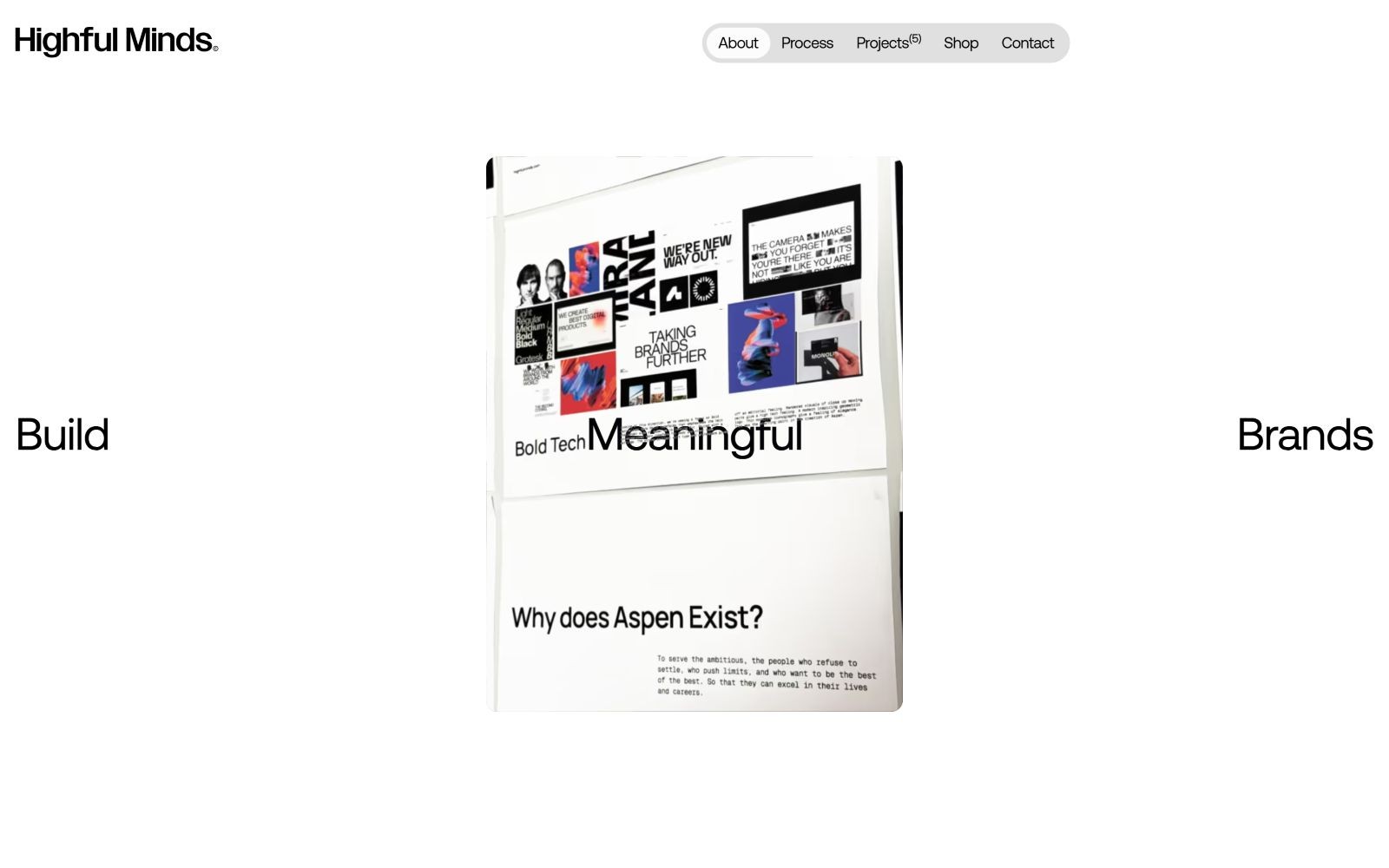 Brochure with text: "Bold Tech Meaningful." Various graphics and photos. Text reads: "Why does Aspen Exist?" Navigation links at top.