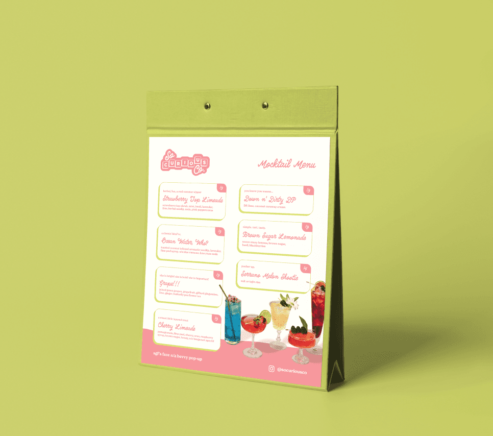 A menu designed for So Curious Co with bold and silly design elements and bright photography