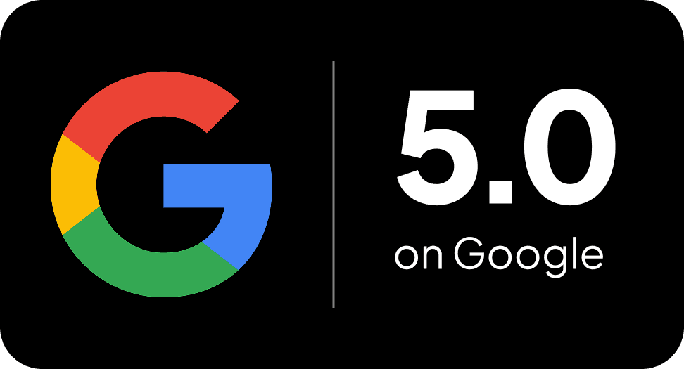 Google 5.0 star rating badge showing perfect customer reviews.