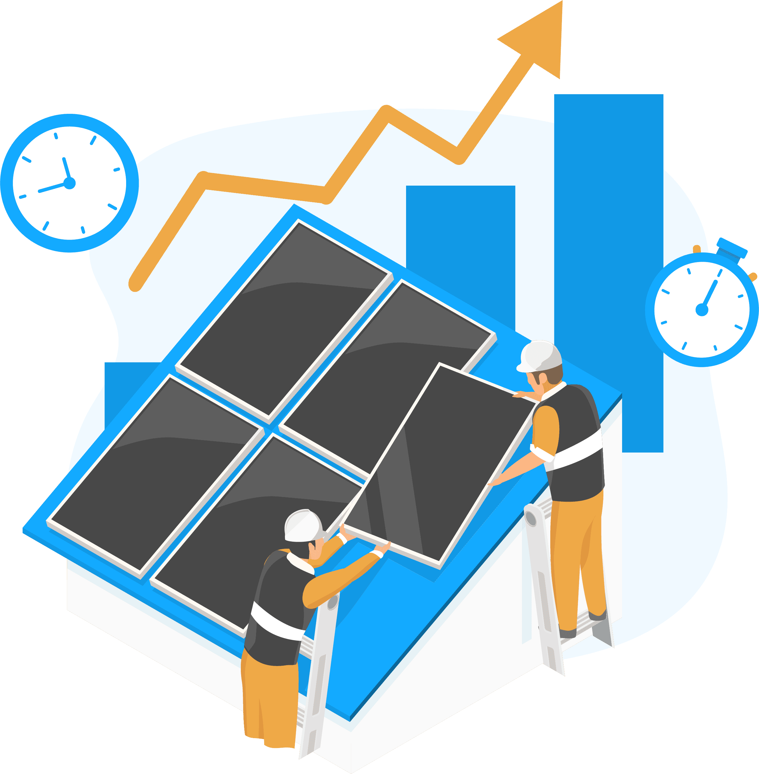 Image of installers fitting solar panels to a roof and clocks depicting the ability to obtai work on demand