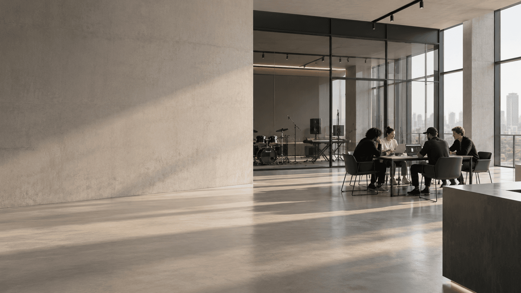 A small team gathered around a shared table for an informal briefing in a bright contemporary workspace