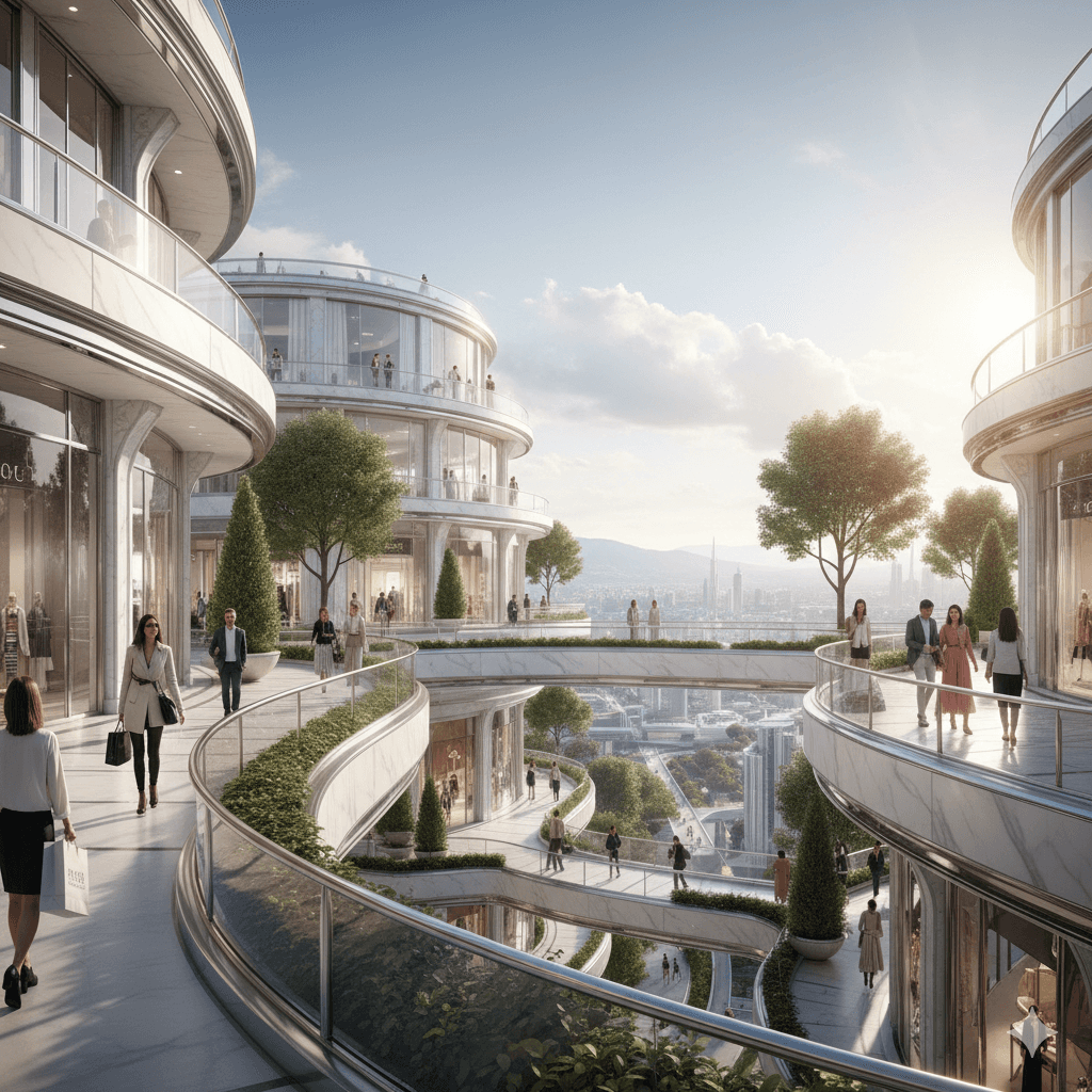 Elevated pedestrian walkways and luxury shopping experience at a premium commercial hub in Sector 73.