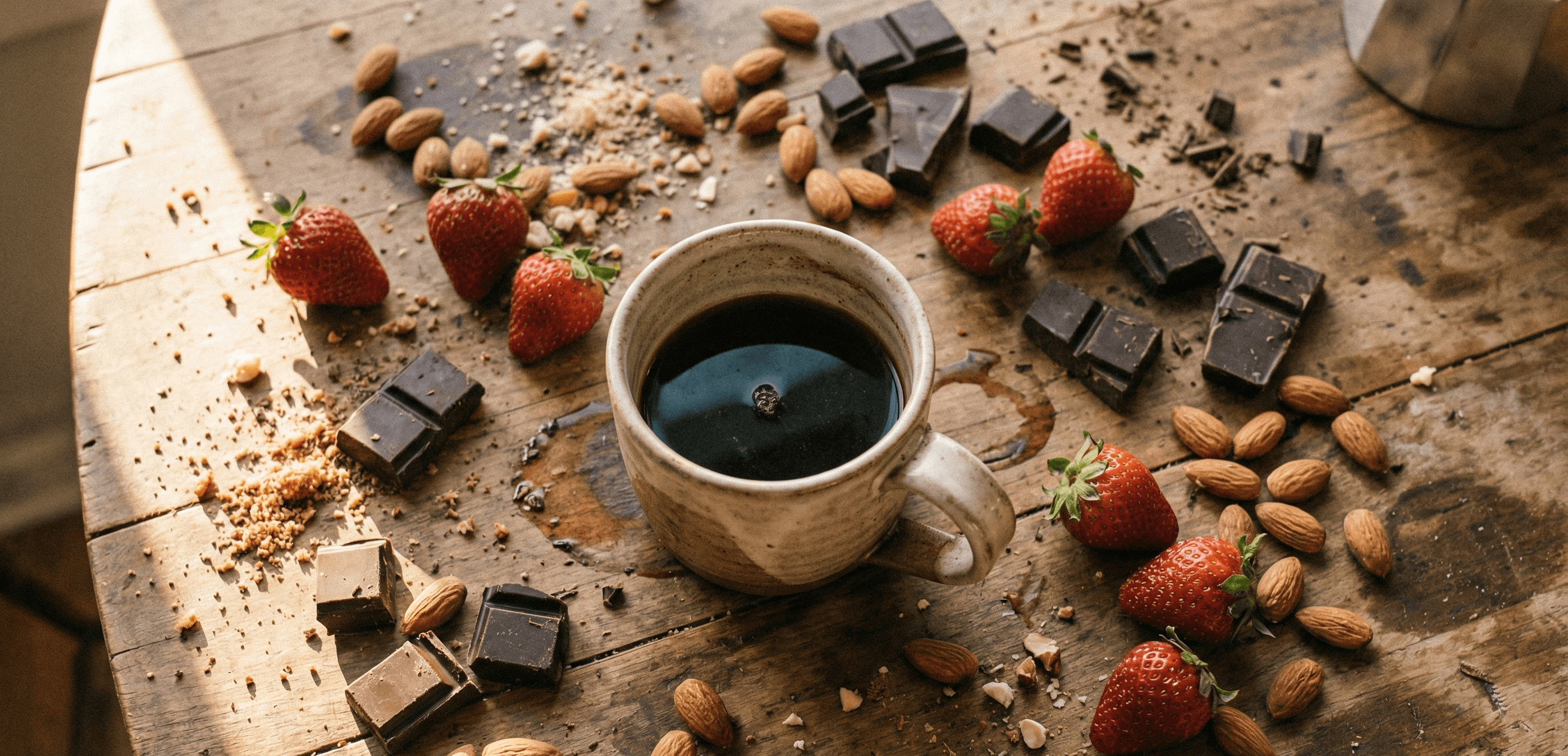 Cup of black coffee surrounded by fresh berries, chocolate, and nuts on a wooden table to illustrate flavor notes.