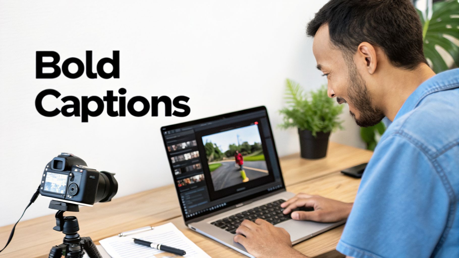 A man editing a video on a laptop with a camera on a tripod and 'Bold Captions' text on the wall.