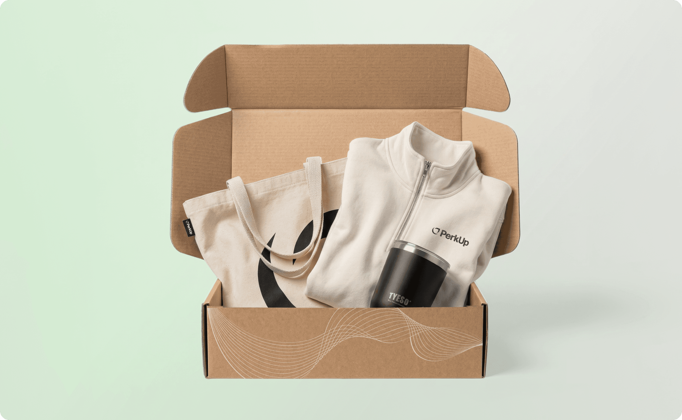 A swag kit containing a tote bag, a jacket, and a drinkware item.