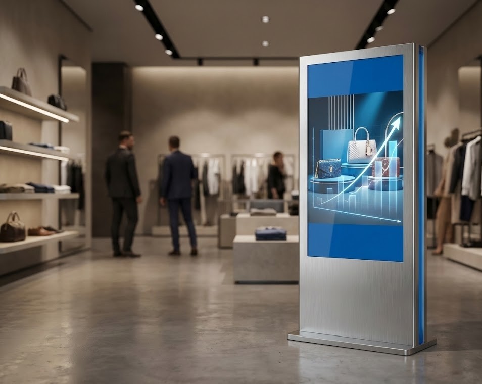 A photorealistic image of a luxury store, where a modern vertical digital totem displays a vibrant advertisement for bags with a rising sales graph and holographic overlay. The totem has a silver metal finish with blue details. In the background, blurred customers walk through the elegant store, which has studio lighting and a sophisticated atmosphere. The image has a shallow depth of field, focusing on the screen.