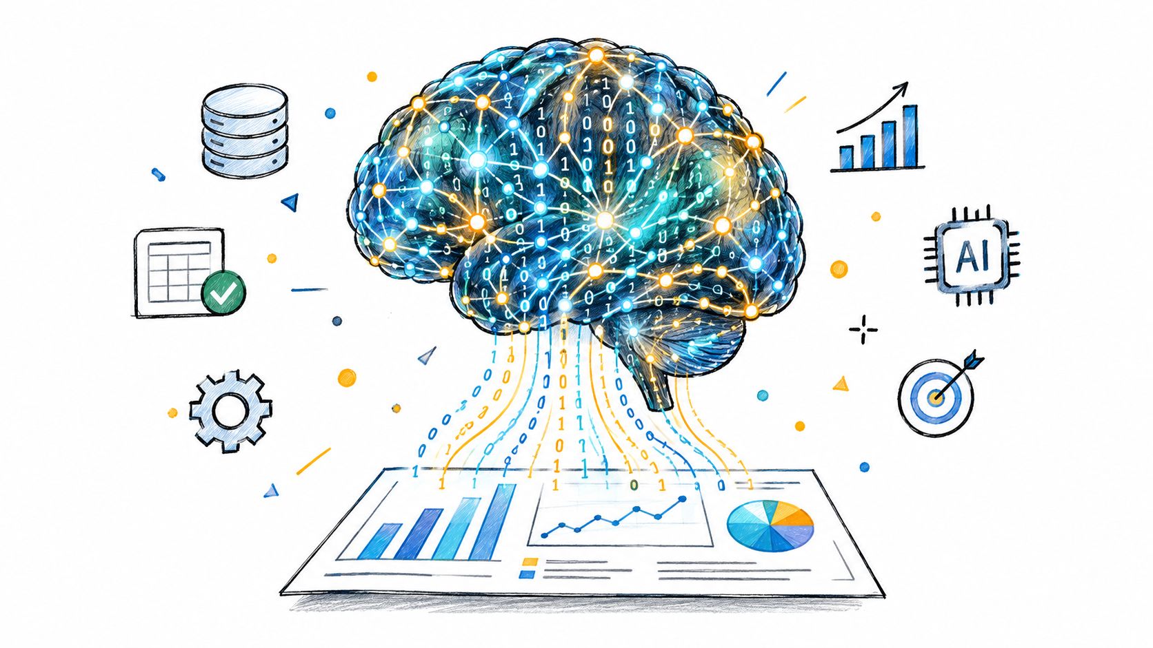 A digital illustration of a brain connected to charts and data icons representing artificial intelligence concepts.
