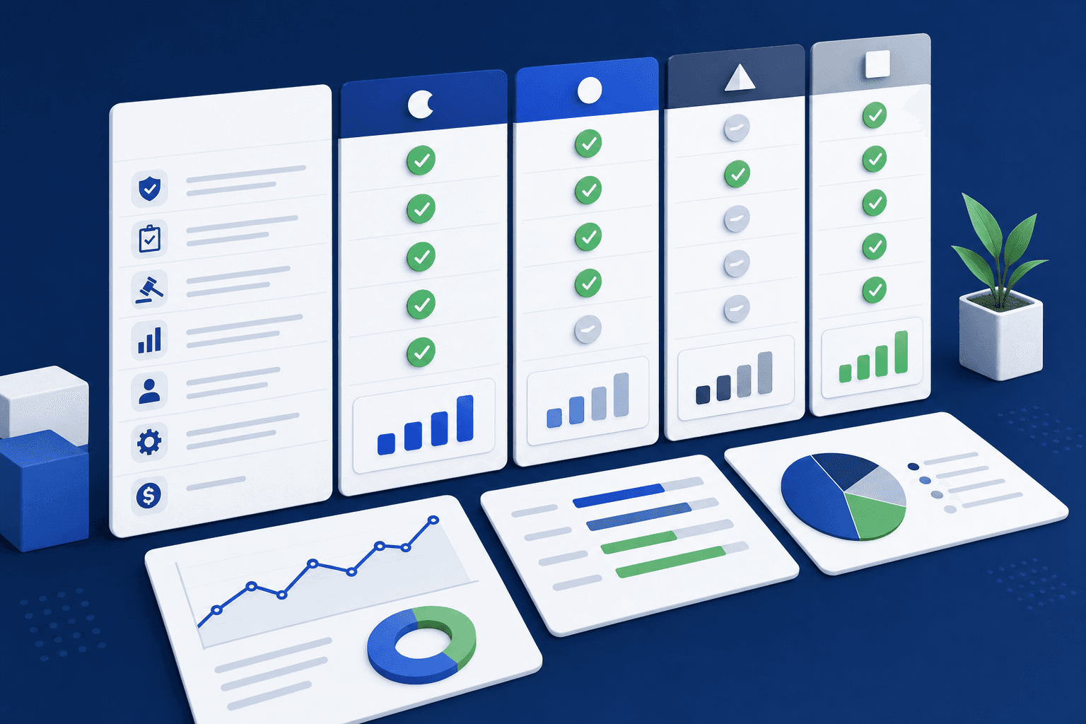 Professional illustration showing a side-by-side comparison concept for government contracting software platforms. Display multiple sleek interface cards or panels arranged in a comparison layout, with checkmarks, feature indicators, and data visualization elements. Use a clean, modern corporate design with navy blue, white, and green accents. Isometric or slight 3D perspective view, emphasizing clarity and professional evaluation.