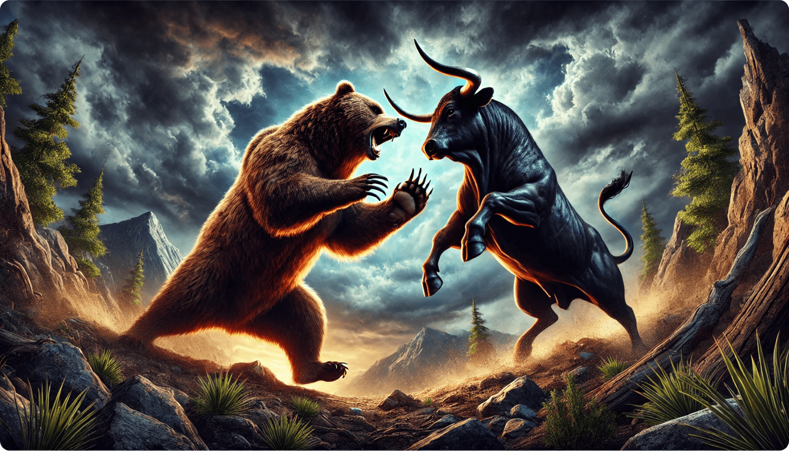 A bear and a bull fighting