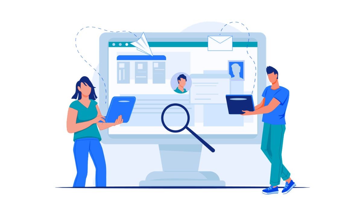Illustration of recruiters analyzing digital candidate profiles on a computer screen, representing modern recruiting software tools.