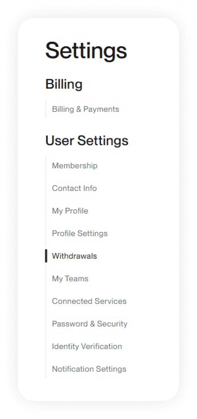 Options under settings on Upwork leading to Withdrawals