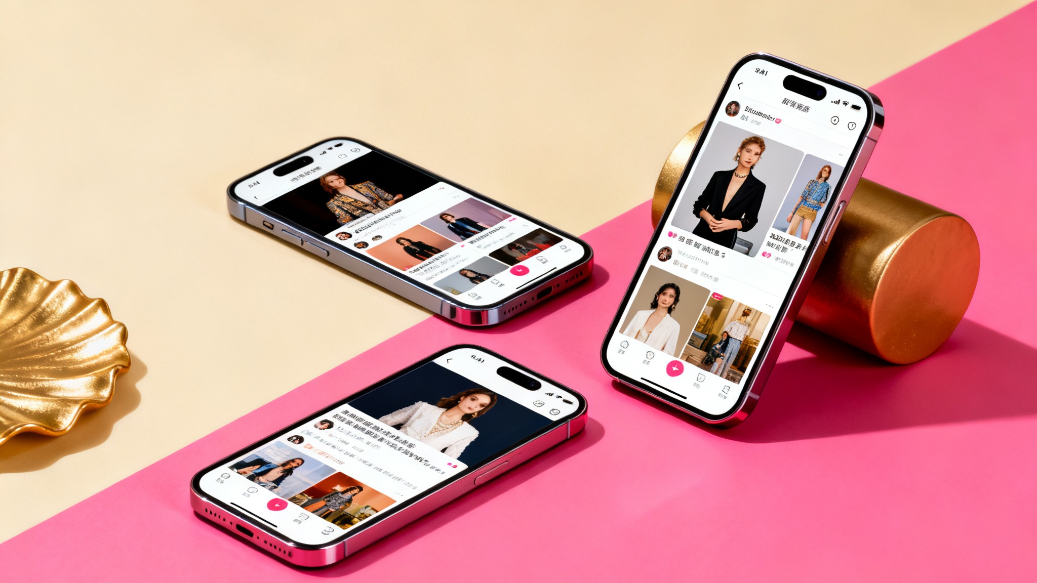 Three phone mockups on a hot pink background showing TikTok, Instagram and YouTube Shorts feeds side by side