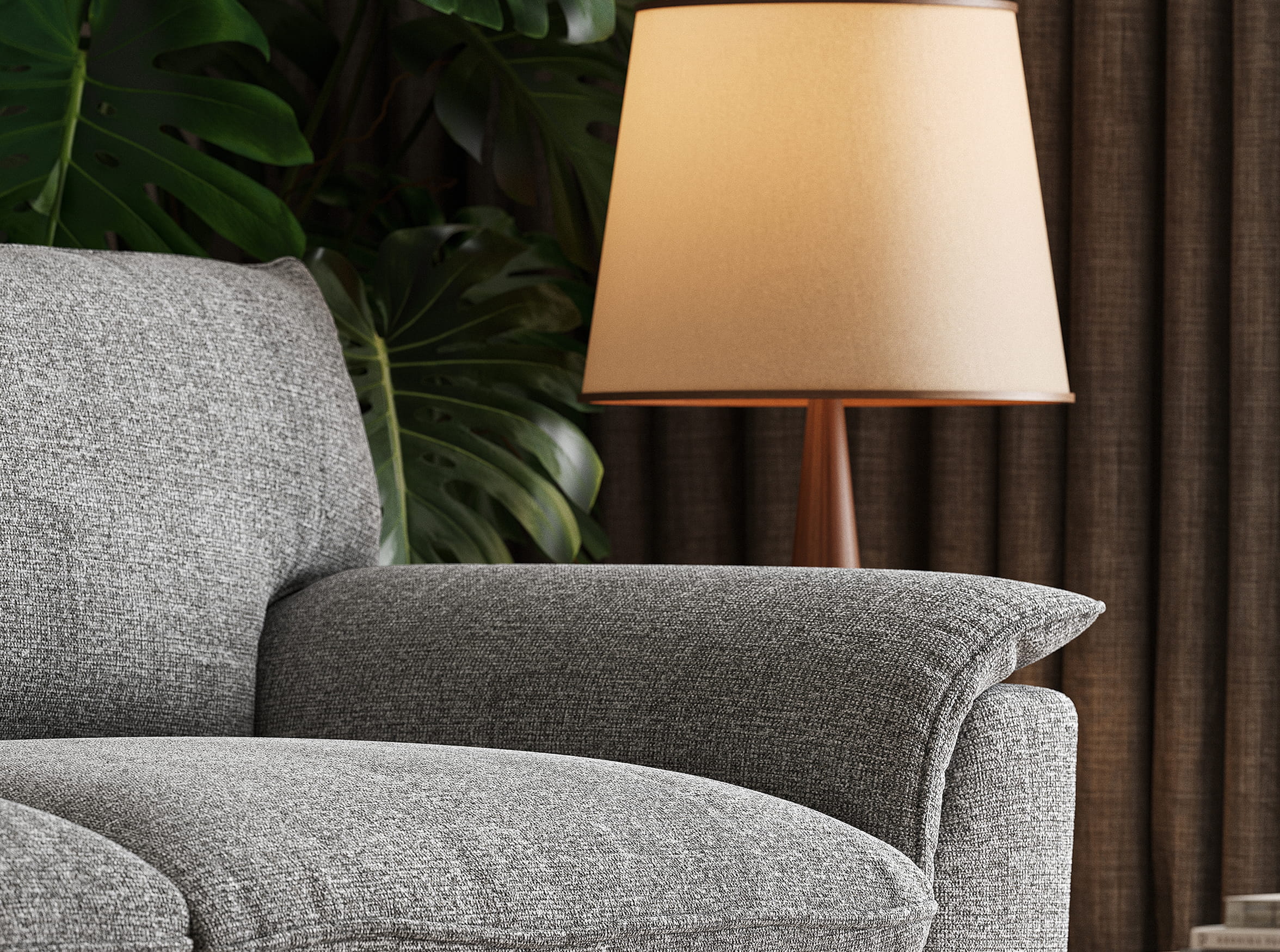 Close-up 3D render of sofa armrest with fabric texture and floor lamp lighting
