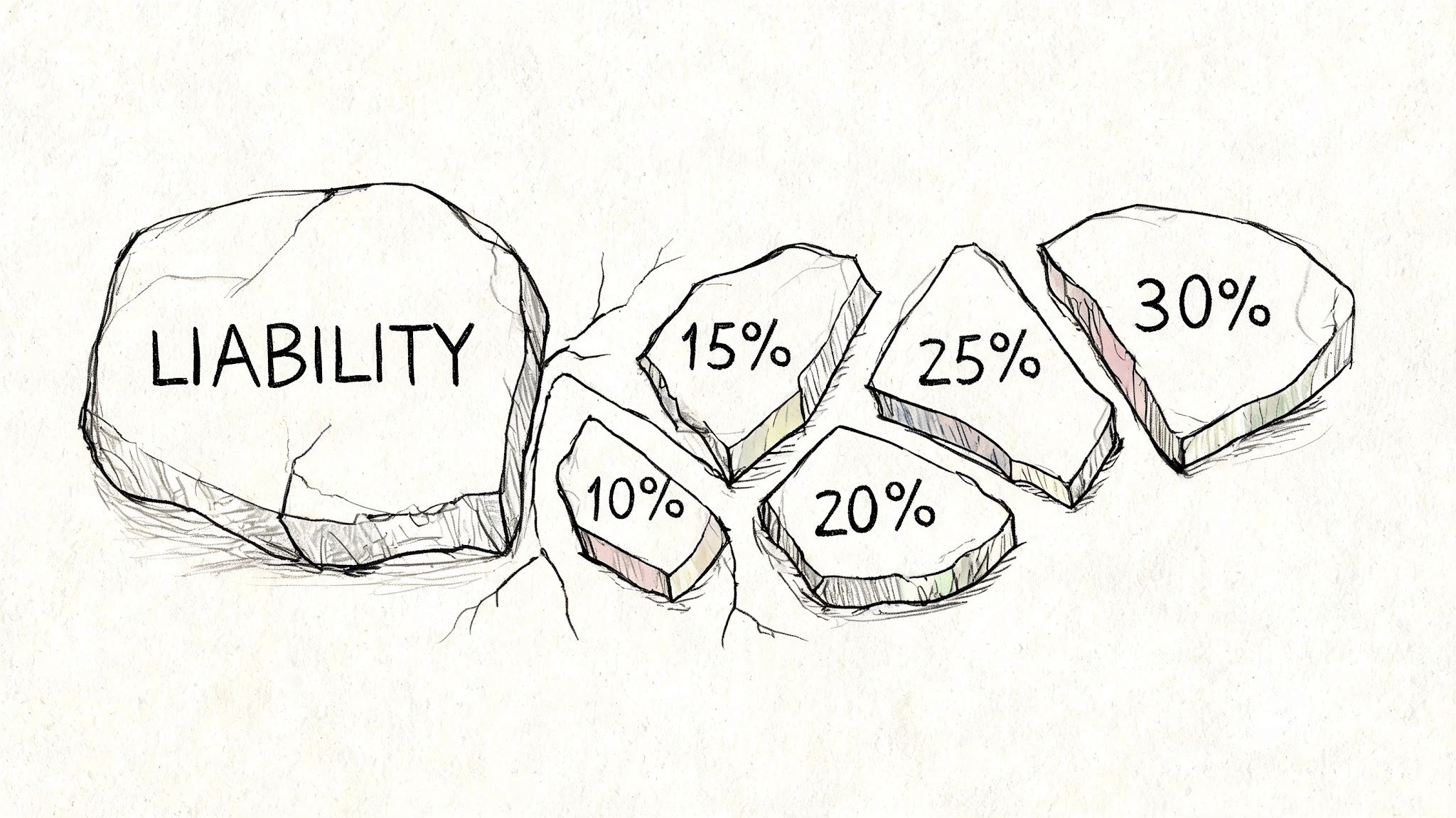 A hand-drawn sketch of a large rock labeled liability breaking into smaller pieces with various percentages.