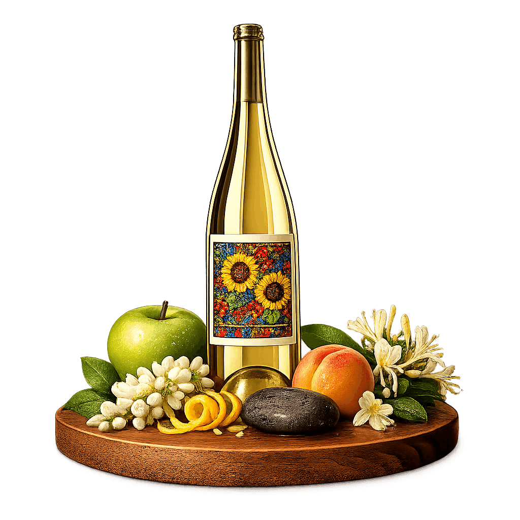 Artistic label and flavor profile for Ukrainian White Blend on a rustic wooden table.