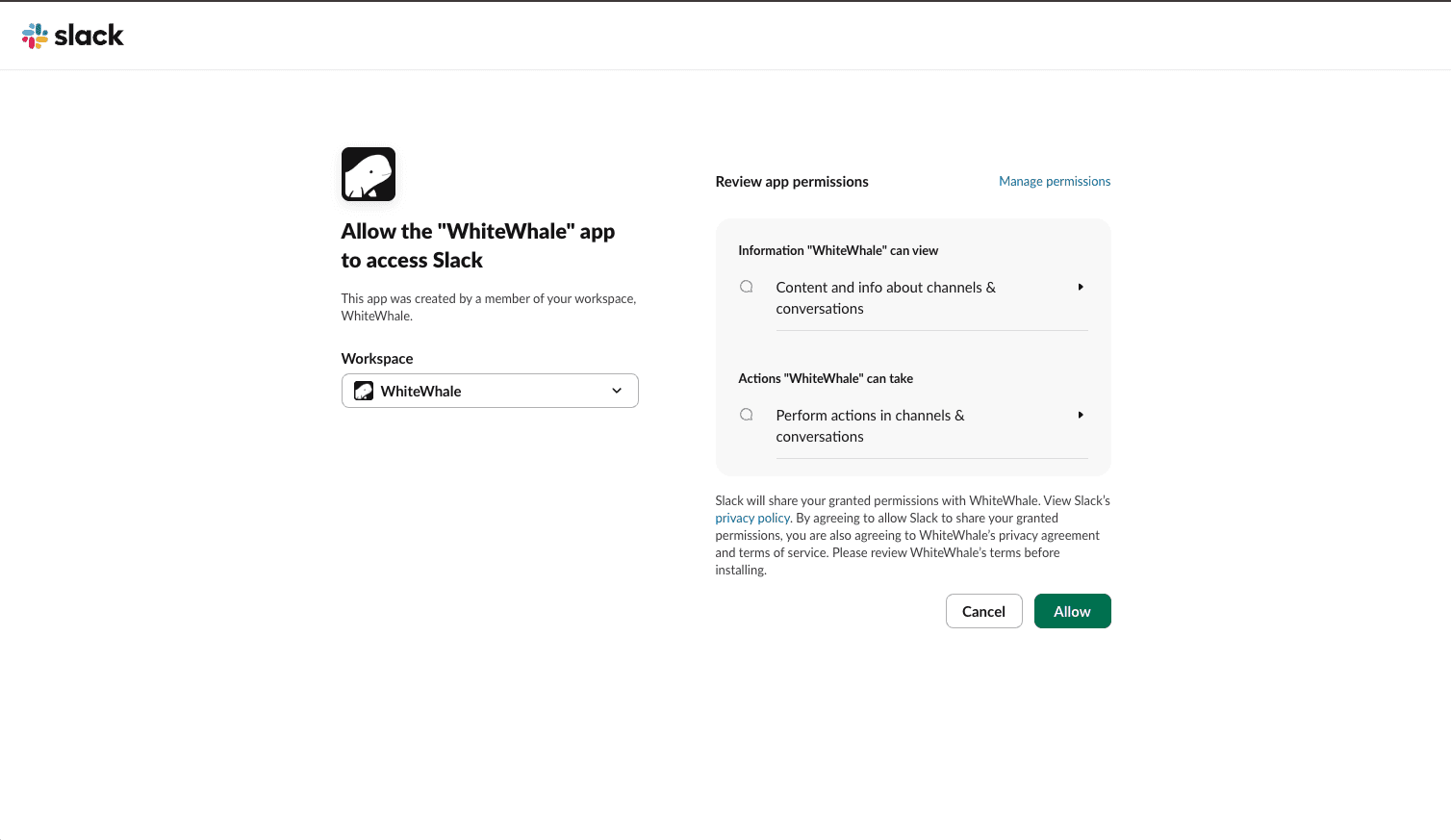 whitewhale slack integration options