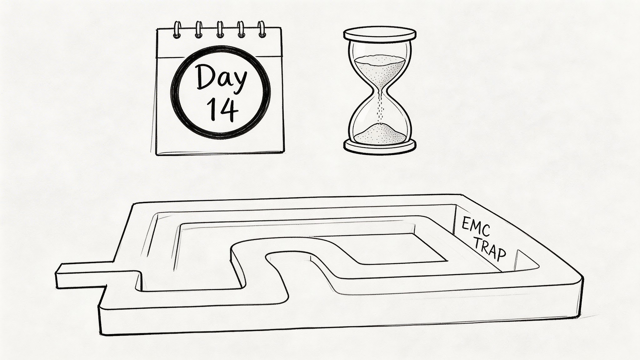 A hand-drawn illustration featuring a calendar showing day 14, an hourglass, and an EMC trap maze.
