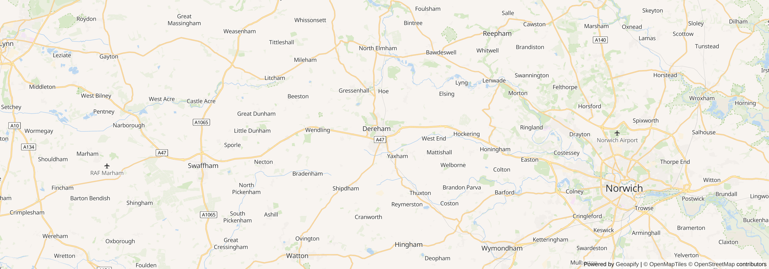 Map of Norfolk showing the Norfolk Coast National Landscape and surrounding towns