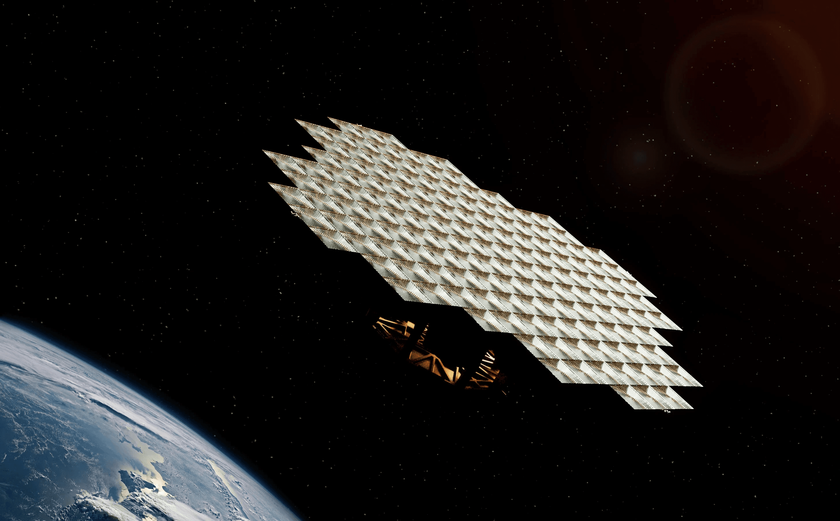 Star Catcher Power Node with fresnel lens collection system illuminated by the Sun and Earth in background