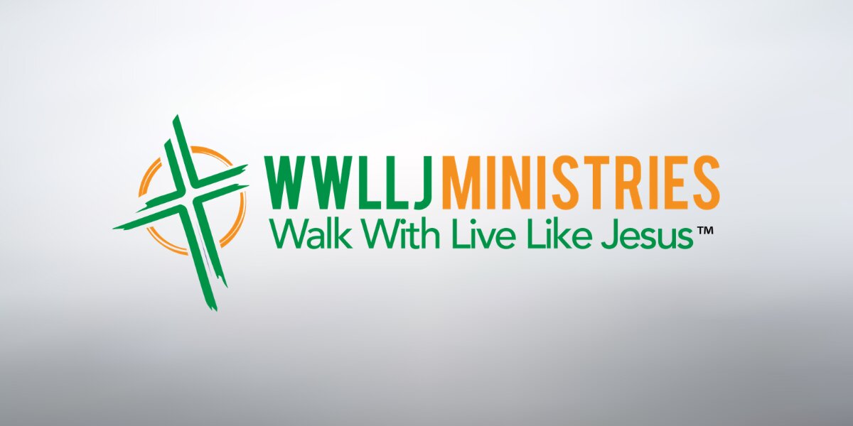 Logo for WWLLJ Ministries features a green cross with an orange circle, and bold green and orange text, "Walk With Live Like Jesus," on a white background.
