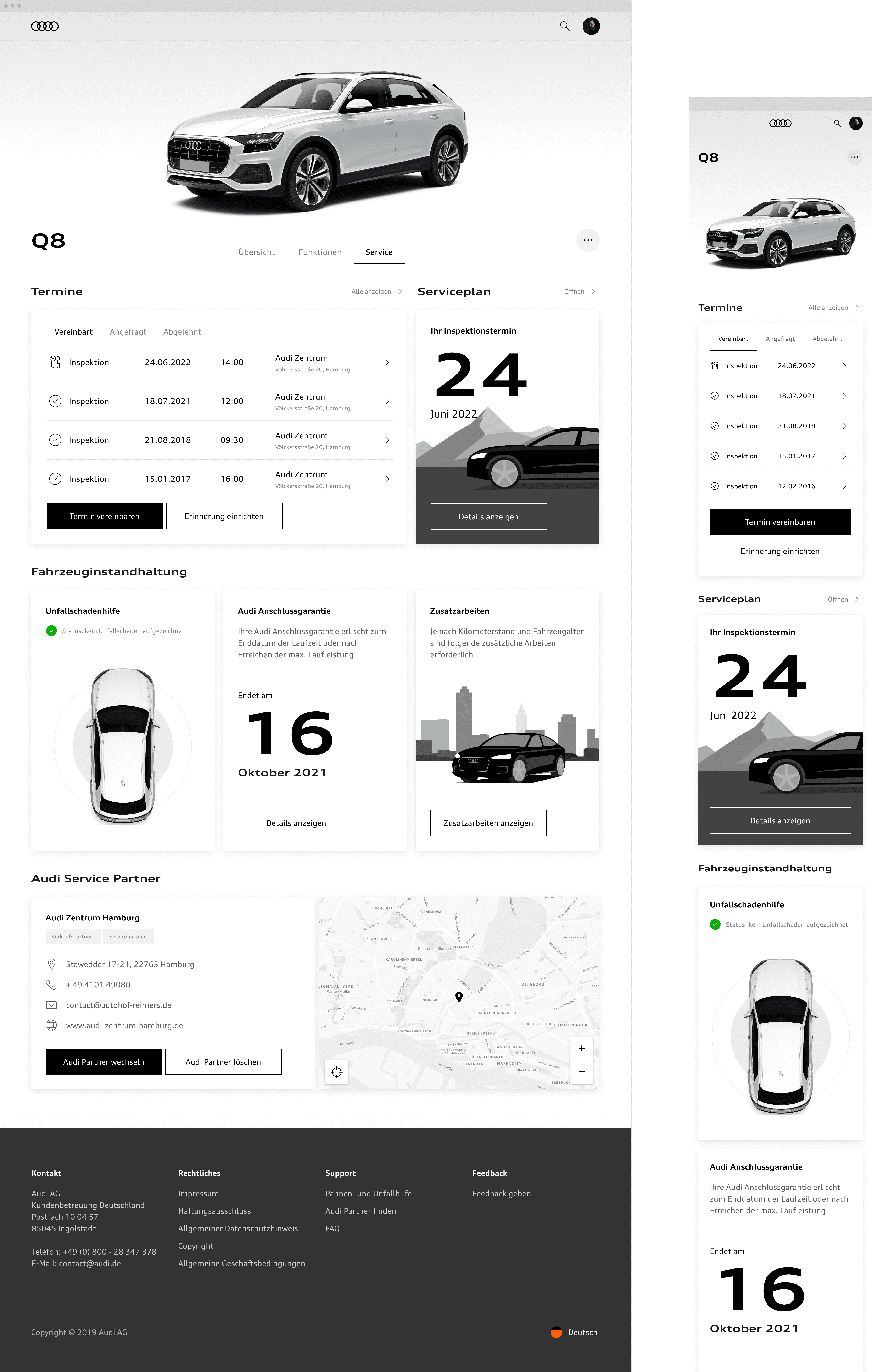 myAudi portal services tab - desktop and mobile