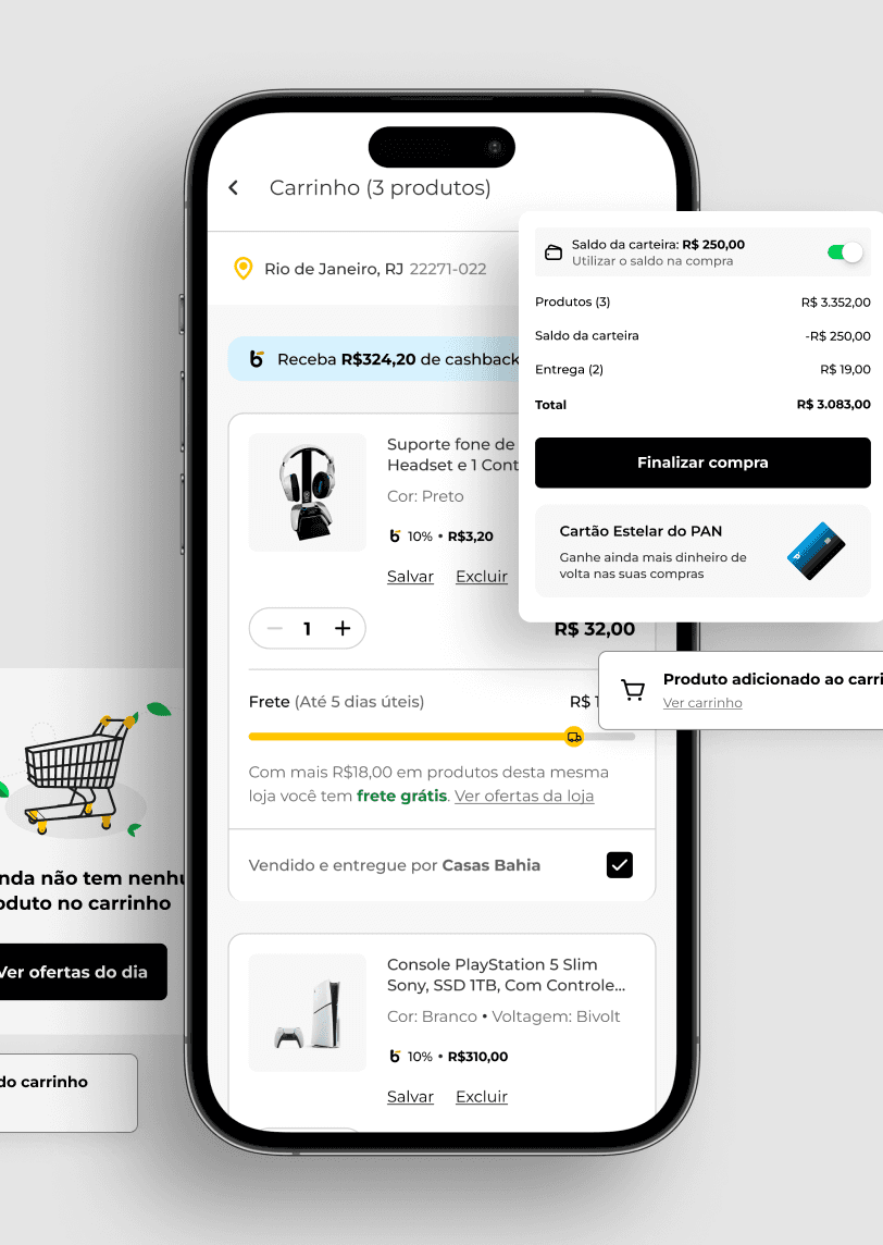 Tela de um aplicativo de e-commerce mostrando o carrinho de compras com três produtos adicionados. O usuário pode visualizar o valor total da compra, o frete, o cashback e finalizar a compra utilizando um cartão de crédito. A tela também exibe informações sobre a loja e oferece a opção de adicionar mais produtos ao carrinho.