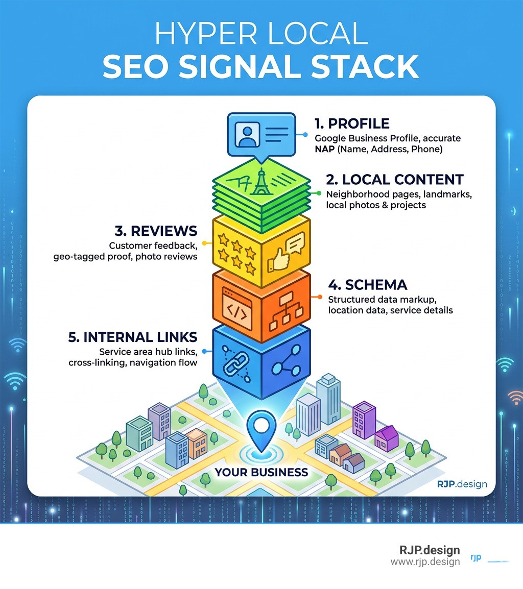 Hyper local SEO signal stack: profile, local content, reviews, schema, and internal links infographic