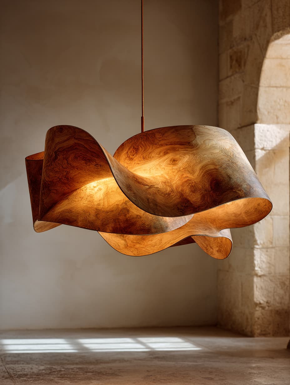 A fluid sculptural pendant light crafted from hand-formed natural wood veneer.