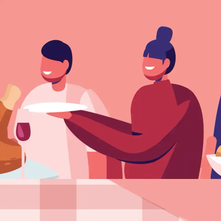 detail van de animatie waarbij de kinderen hun bord aanbieden