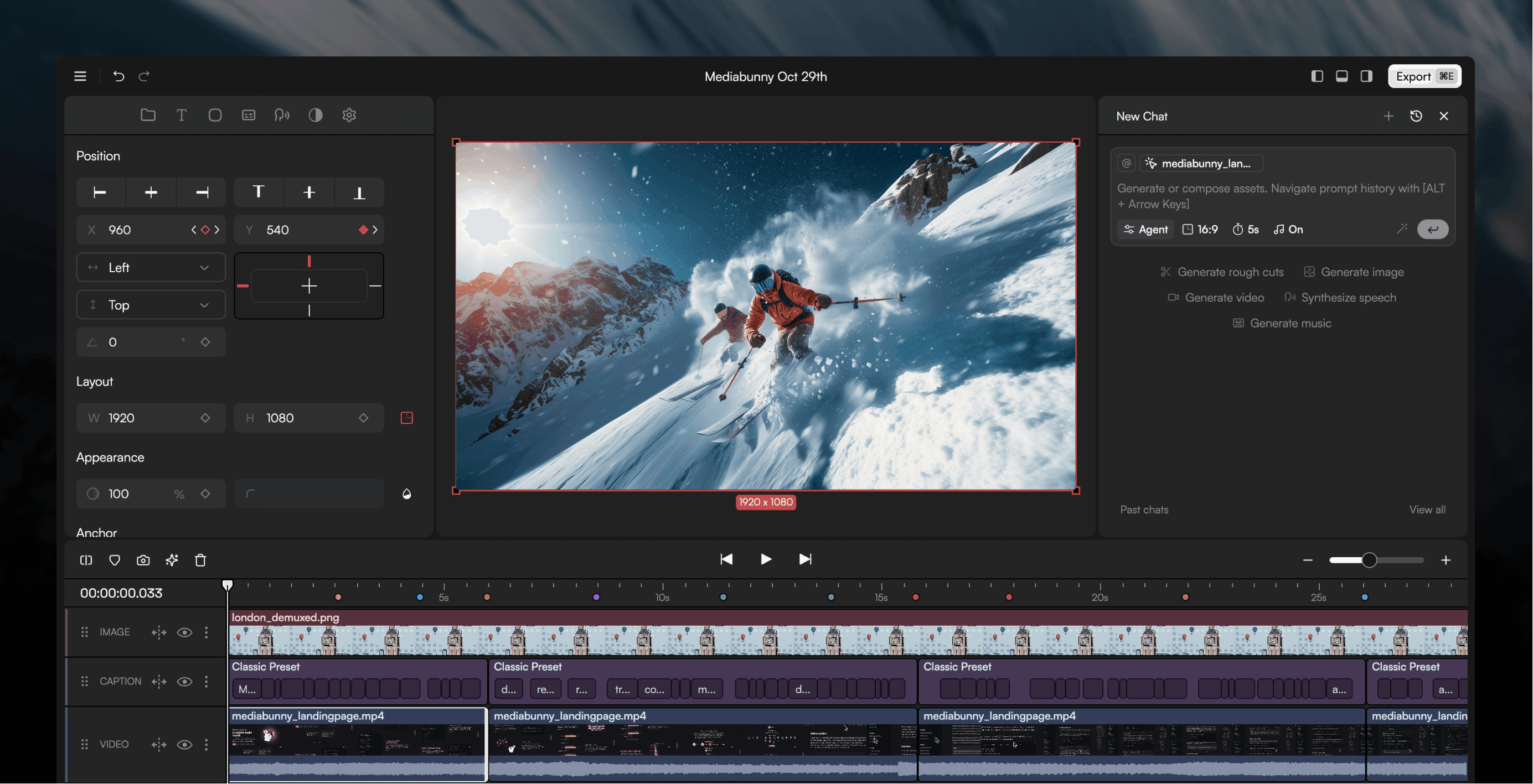 Diffusion Studio editing workspace showing a skier clip with timeline, captions, and AI chat panel, representing a full browser based edit pipeline.