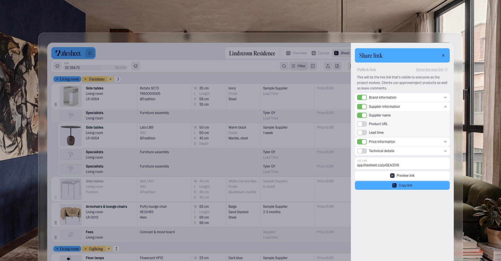 thesheet client sharing controls for approvals, comments and choosing which product information is visible