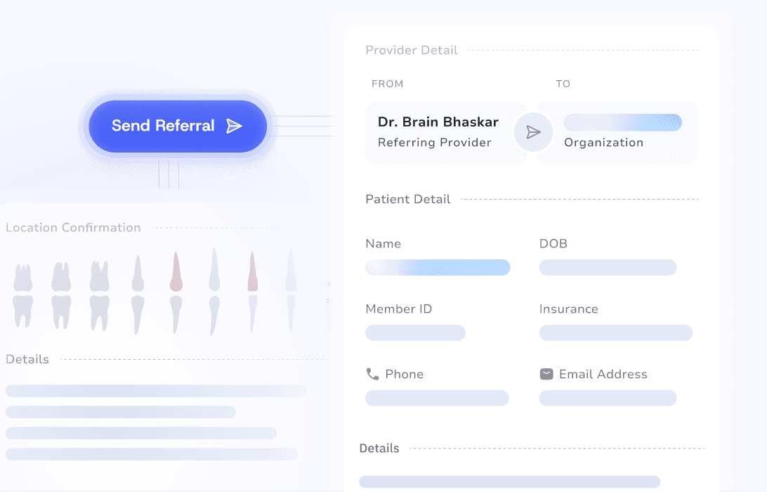 Digital dental referral form with patient details, treatment notes, and x-ray attachments