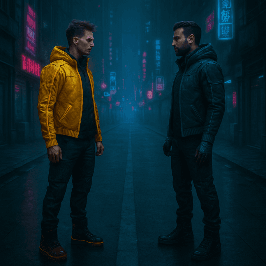 VEO 3 AI Video Generator Image-to-Video Output generated from a cyberpunk street scene with two men in neon jackets, tested to measure cinematic realism, atmosphere, and continuity in one of the best AI video generators.