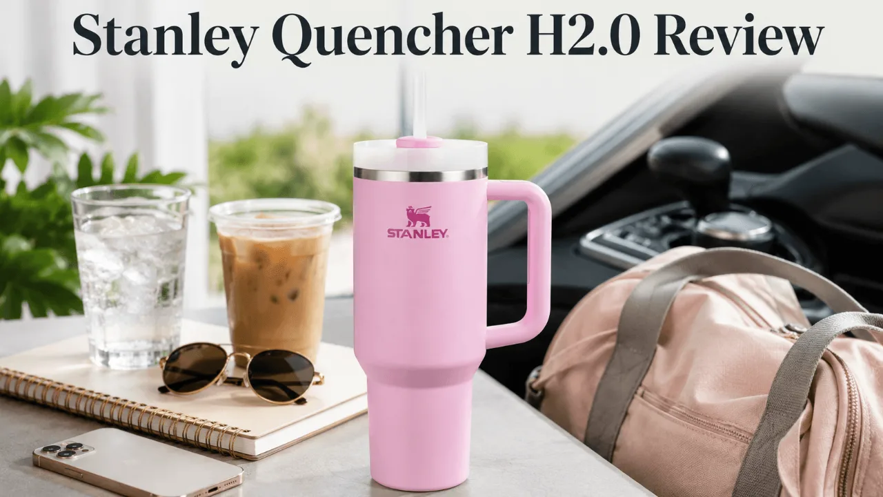 Pink Stanley Quencher H2.0 tumbler with drinks and bag