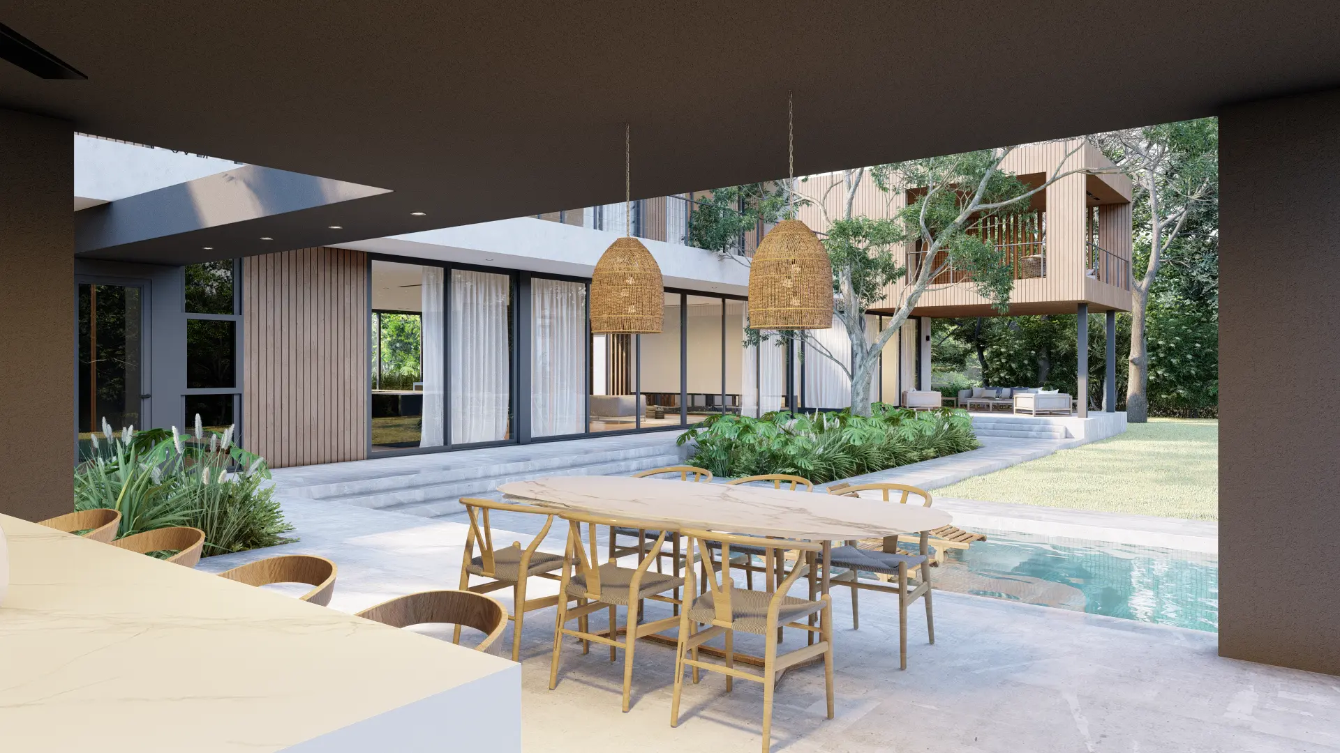 Covered outdoor dining terrace at a Pinecrest residence with woven pendant lights, a marble table, and floor-to-ceiling glass opening to the pool