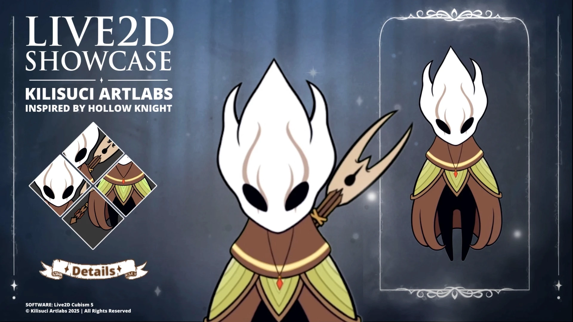 Live2D VTuber model showcase inspired by Hollow Knight, featuring a masked fantasy character with expressive facial states and layered design by Kilisuci Artlabs.