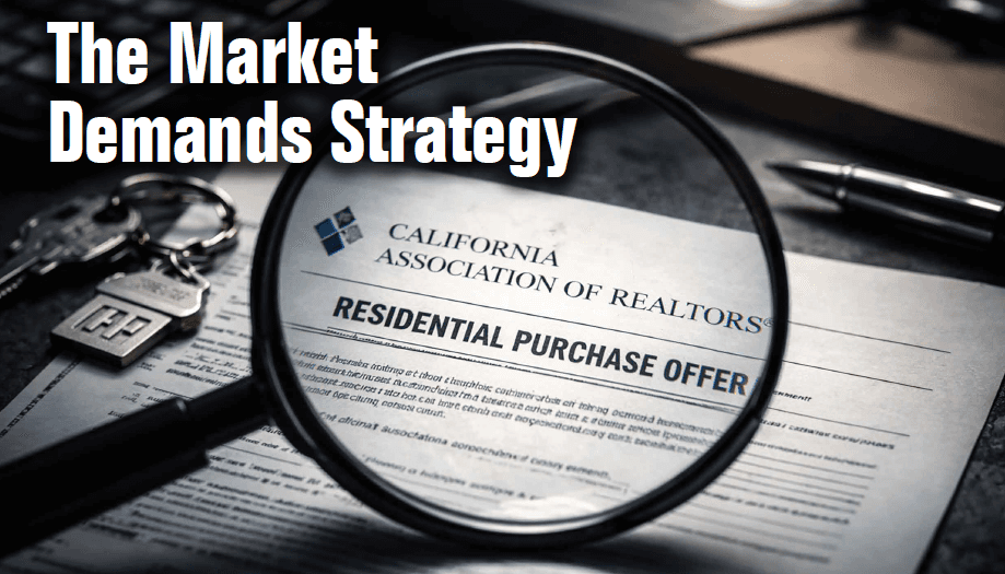 Magnifying glass highlighting a California Association of Realtors Residential Purchase Offer on a desk with house keys and pen, illustrating strategic decision-making for Danville home sellers.
