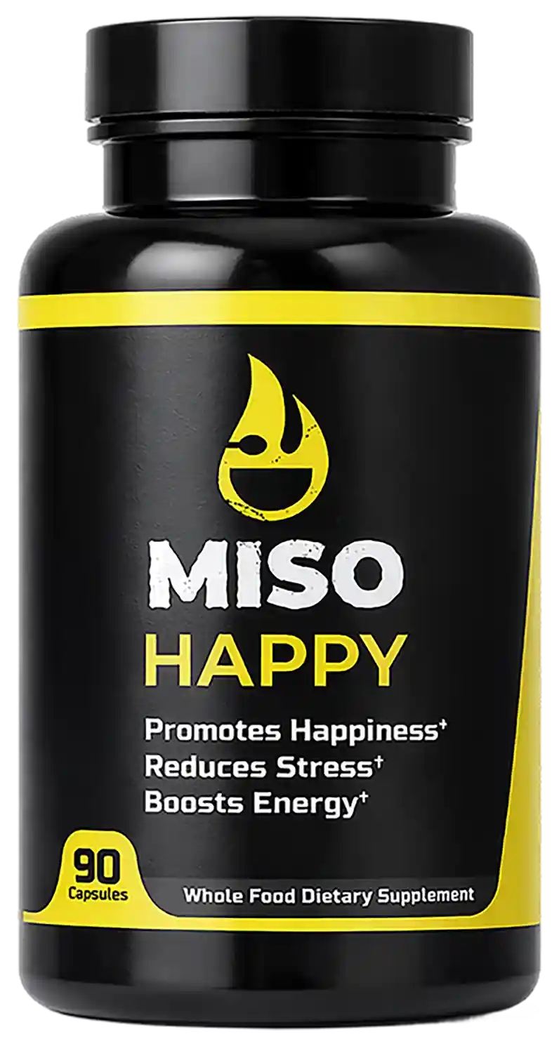 Miso Happy mood support supplement with black bottle and yellow accents