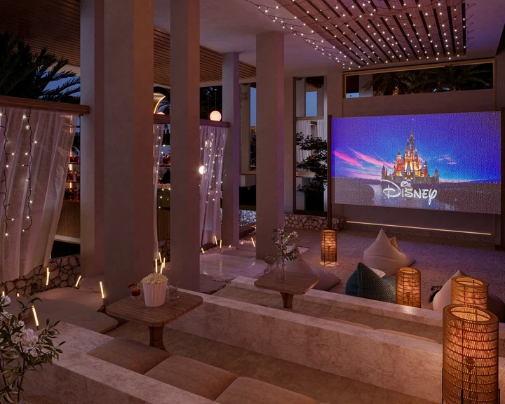 An aerial view of a house with a swimming pool