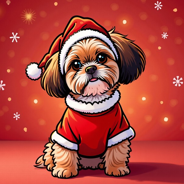 Festive AI pet cartoon transformation of a Yorkshire Terrier dressed in Christmas attire featuring a Santa hat and red costume with white trim. The illustration showcases the dog against a seasonal red background with snowflake and bokeh elements, demonstrating how AI pet cartoon filter technology can create holiday-themed pet portraits with expressive features and celebratory settings. This digital rendering maintains the distinctive characteristics of the breed while adding artistic stylization perfect for personalized seasonal greetings or digital memorabilia. #ChristmasPetCartoon #AIPetFilter #HolidayDogIllustration.