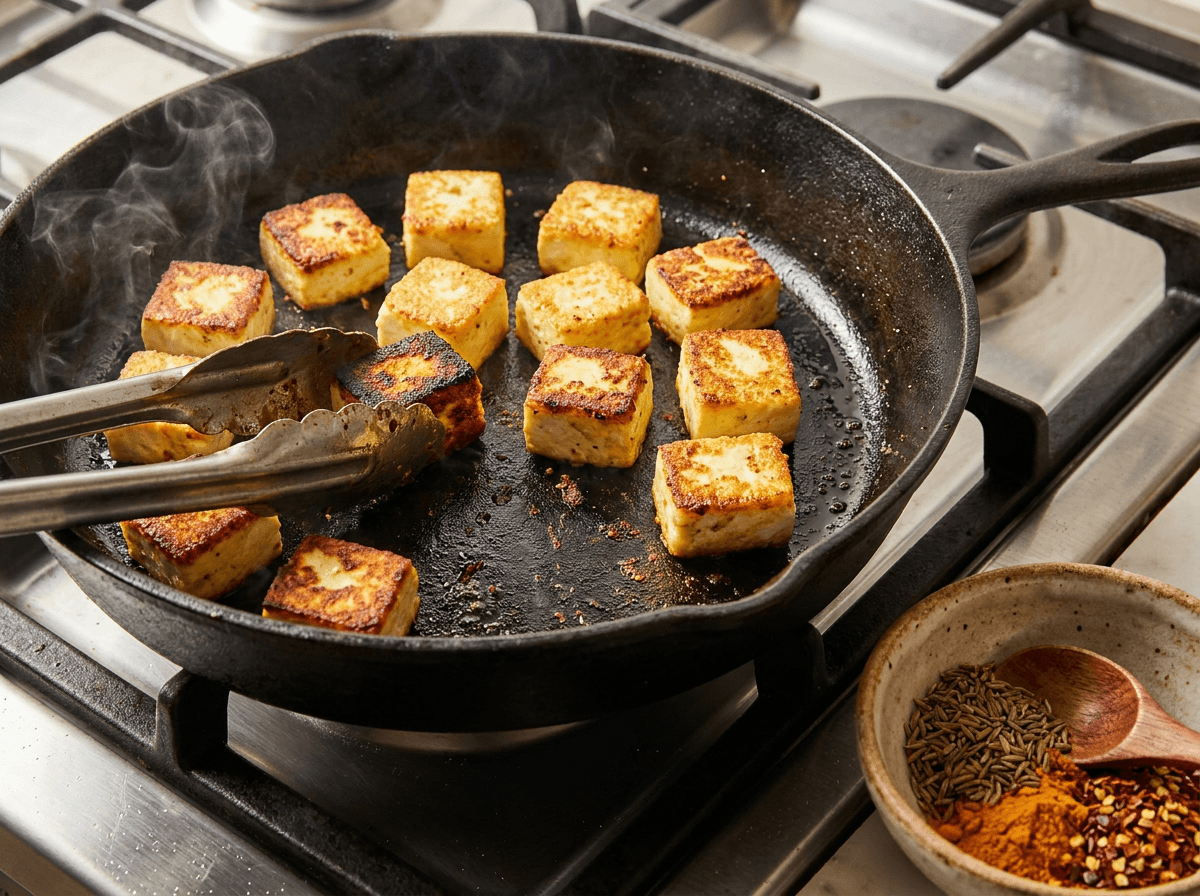 Golden-seared paneer cubes in a cast iron skillet with tongs