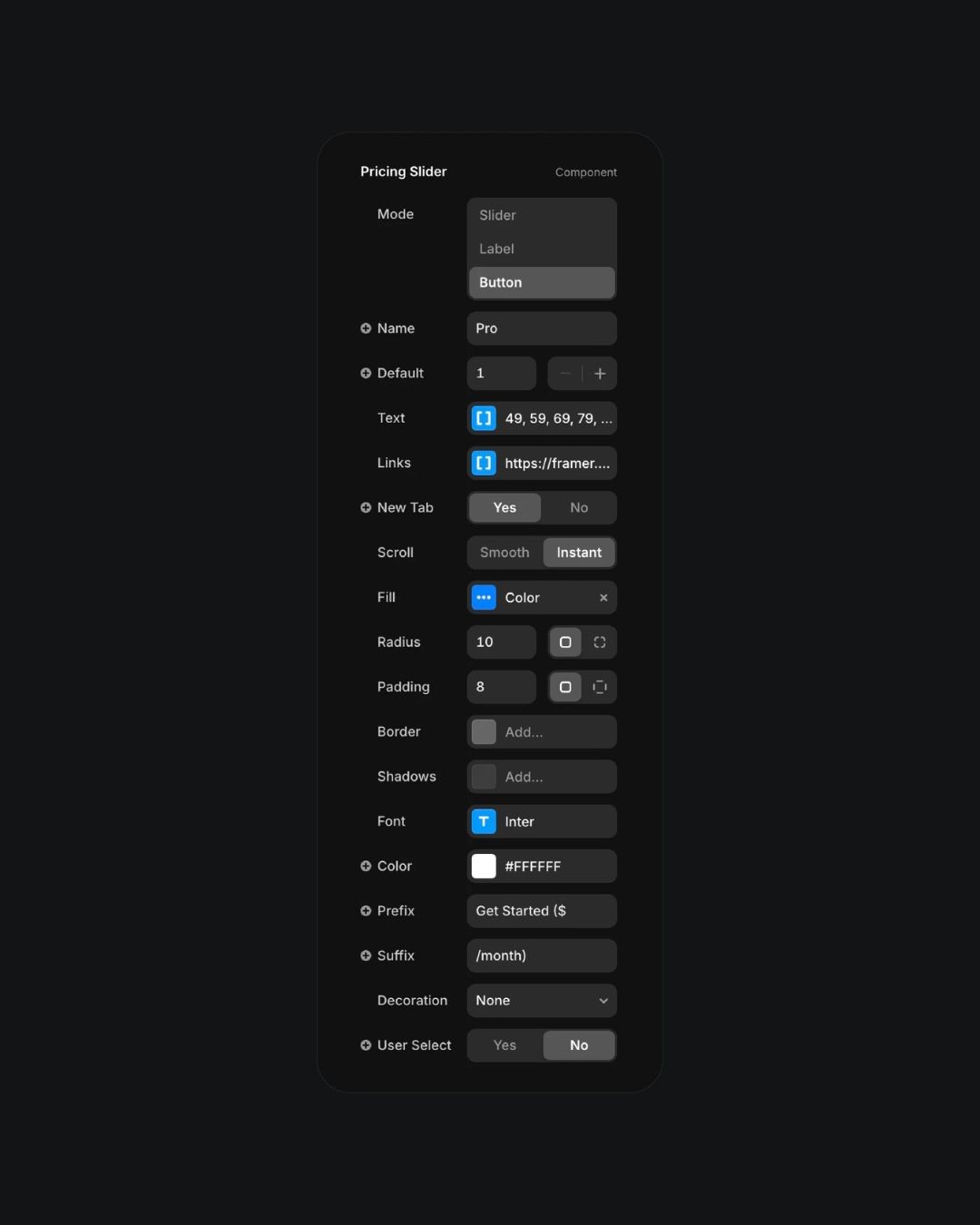 Configuration settings for a 'Pricing Slider' component, displaying options for customization including mode, text, links, and visual style details for user interfaces