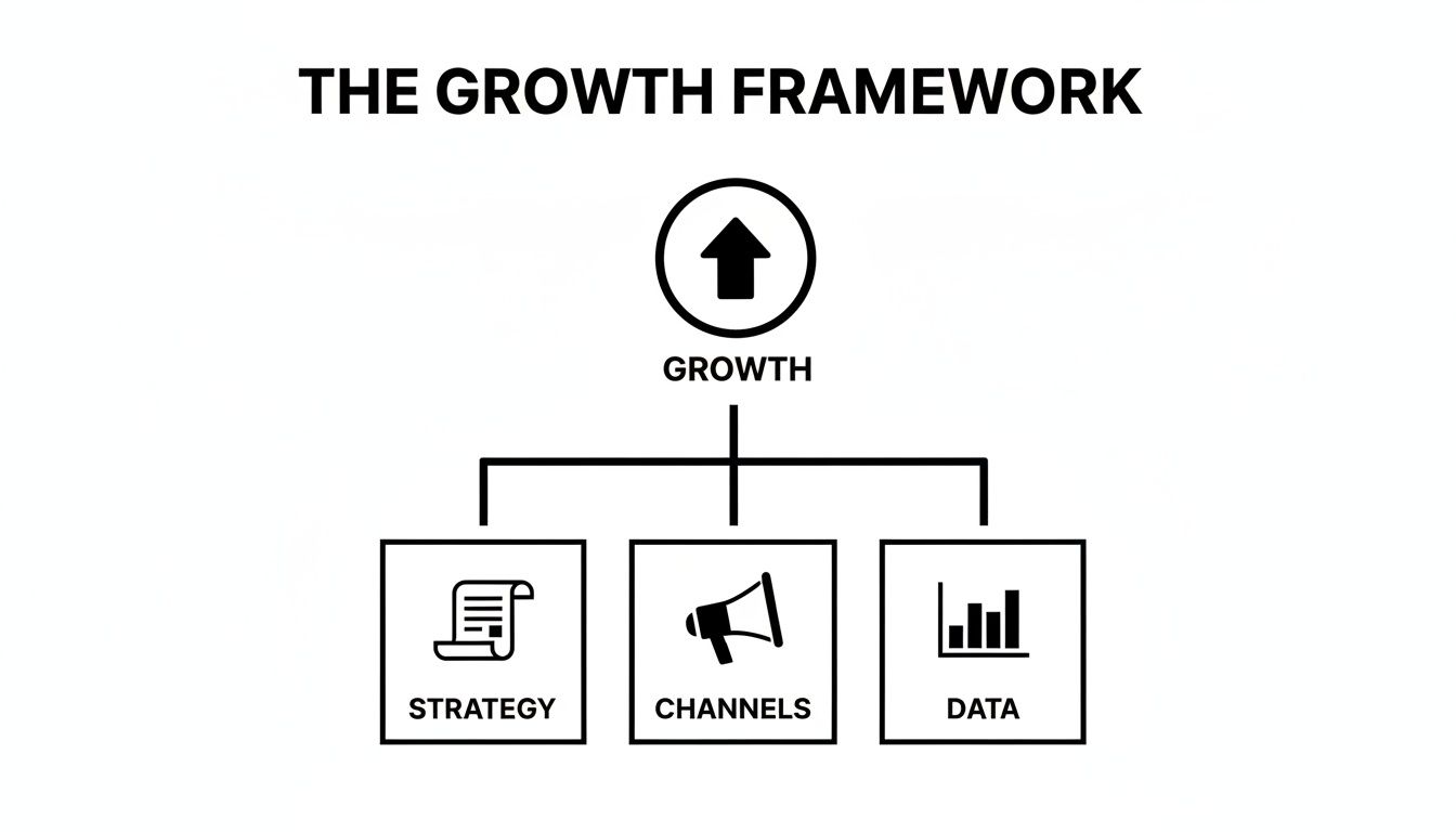 A clear diagram illustrating The Growth Framework, breaking down growth into essential components: strategy, channels, and data.