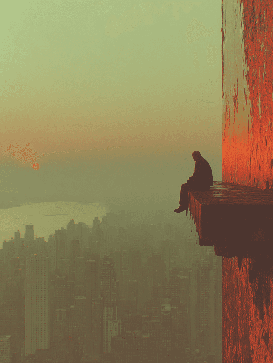 A solitary figure sits on the edge of a high-rise platform at sunset, overlooking a sprawling cityscape bathed in hazy light and dramatic red reflections.