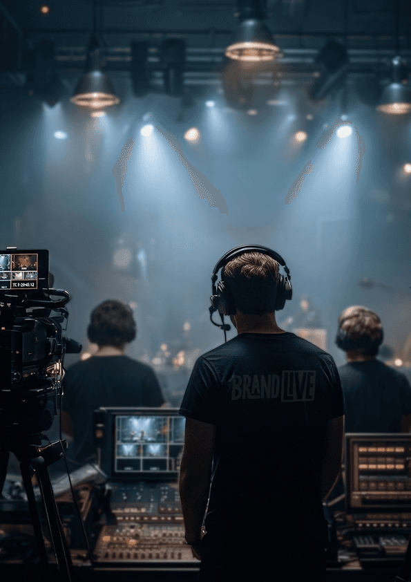 Two crew members in headphones silhouetted against a dramatic blue-lit stage, camera visible in the foreground