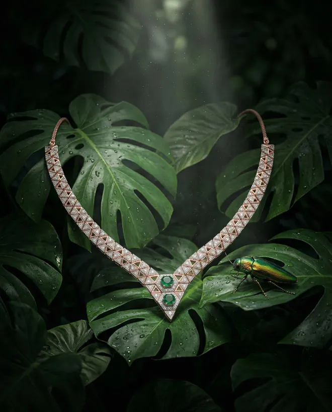 Luxury jewelry campaign visual — emerald diamond necklace on tropical foliage