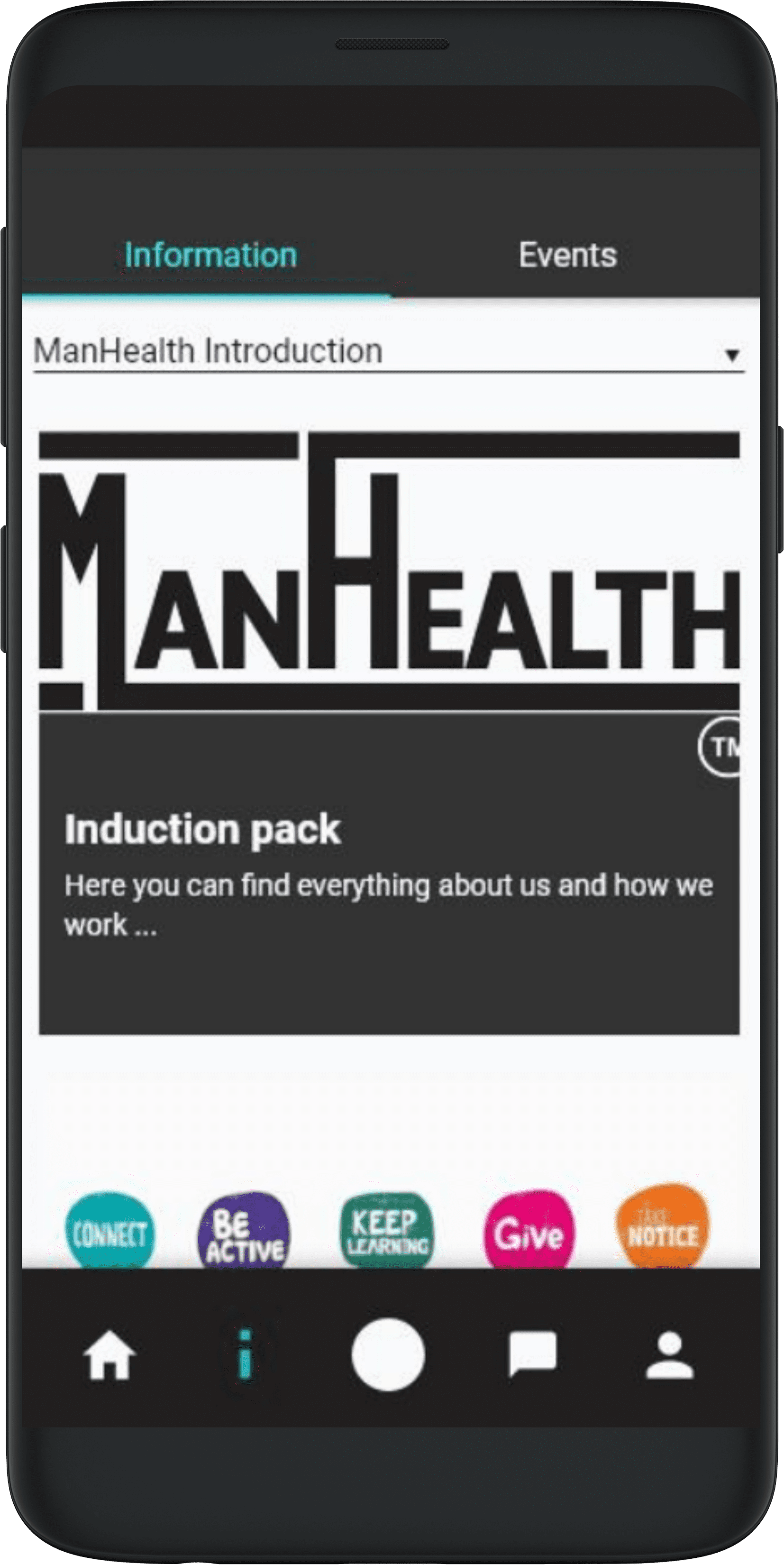 ManHealth companion app mood diary page - how are you?ManHealth companion app information page