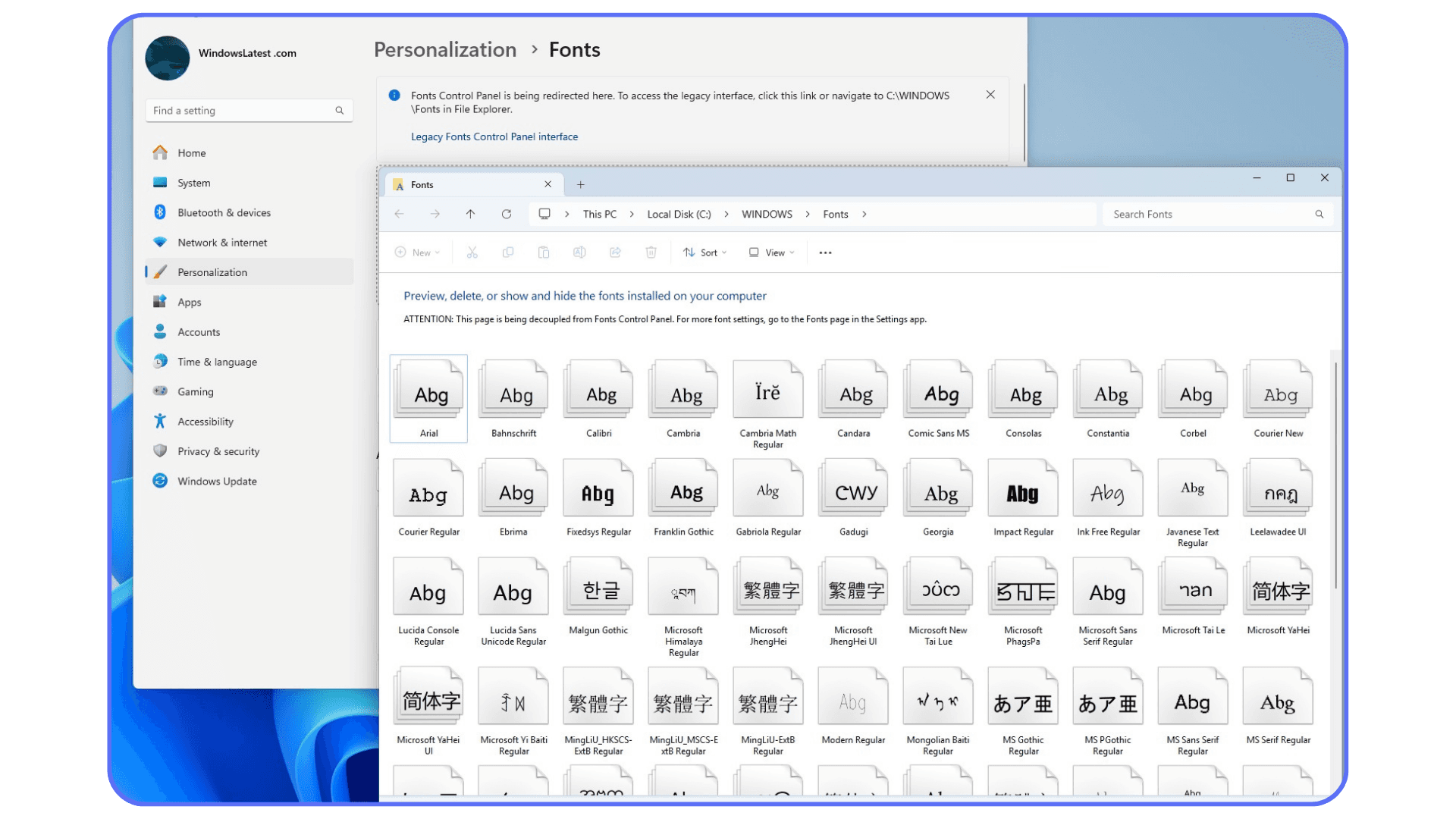 Windows Fonts settings panel displaying fonts installed on the system