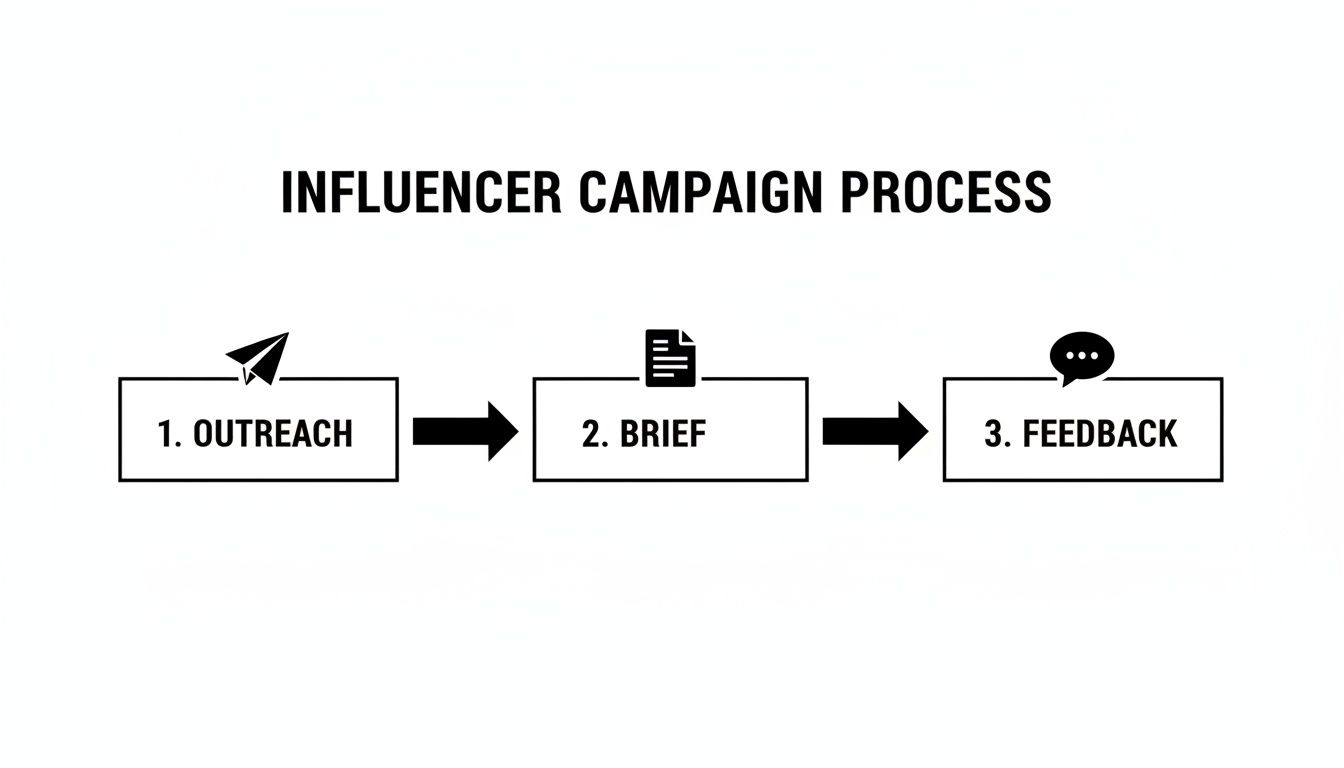 Flowchart outlining the influencer campaign process with three steps: outreach, brief, and feedback.