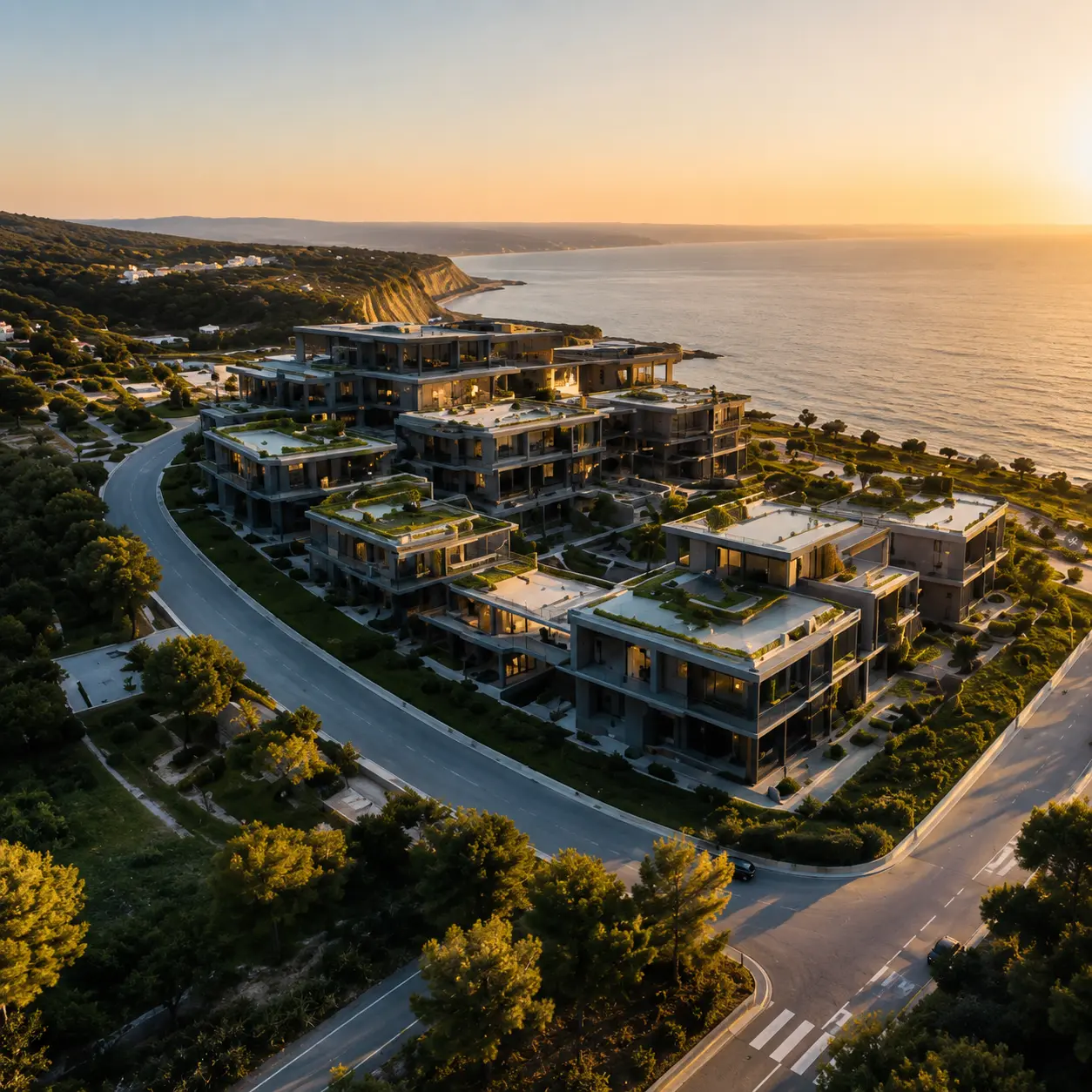 Aerial drone view of a contemporary residential development overlooking the coastline, showcasing modern architecture and landscaped surroundings.